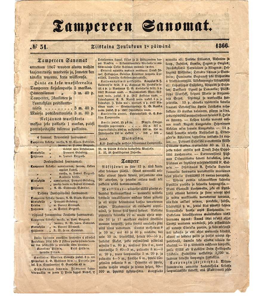 Arkistokuva Tampereen Sanomat -lehden näytteestä vuodelta 1866